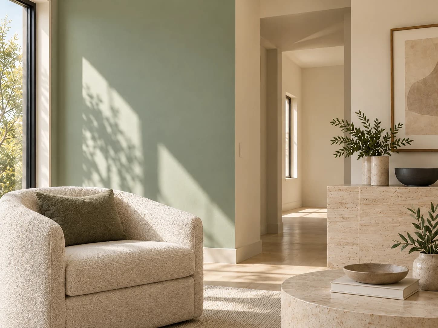 Contemporary lounge with sage green walls and warm stone finishes