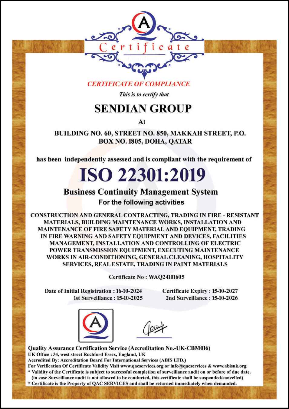 ISO 22301 certificate